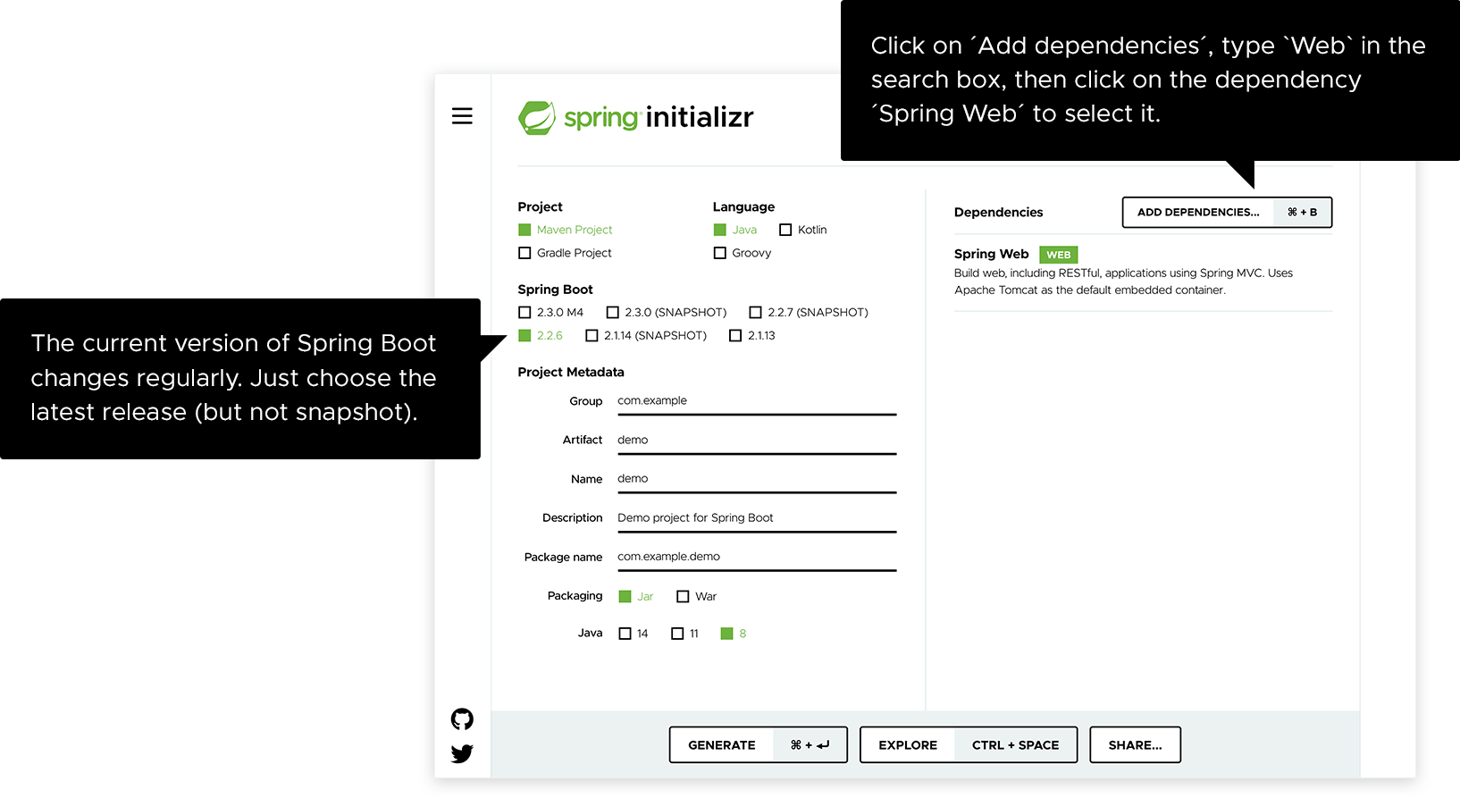 Spring Initializr(start.spring.io)被要求生成一个简单的Spring Boot'Web'项目。 点击“生成”按钮将创建一个项目的存档,您可以将其解压缩并用于入门。 Spring Initializr(start.spring.io)被要求生成一个简单的Spring Boot'Web'项目。 点击“生成”按钮将创建一个项目的存档,您可以将其解压缩并用于入门。