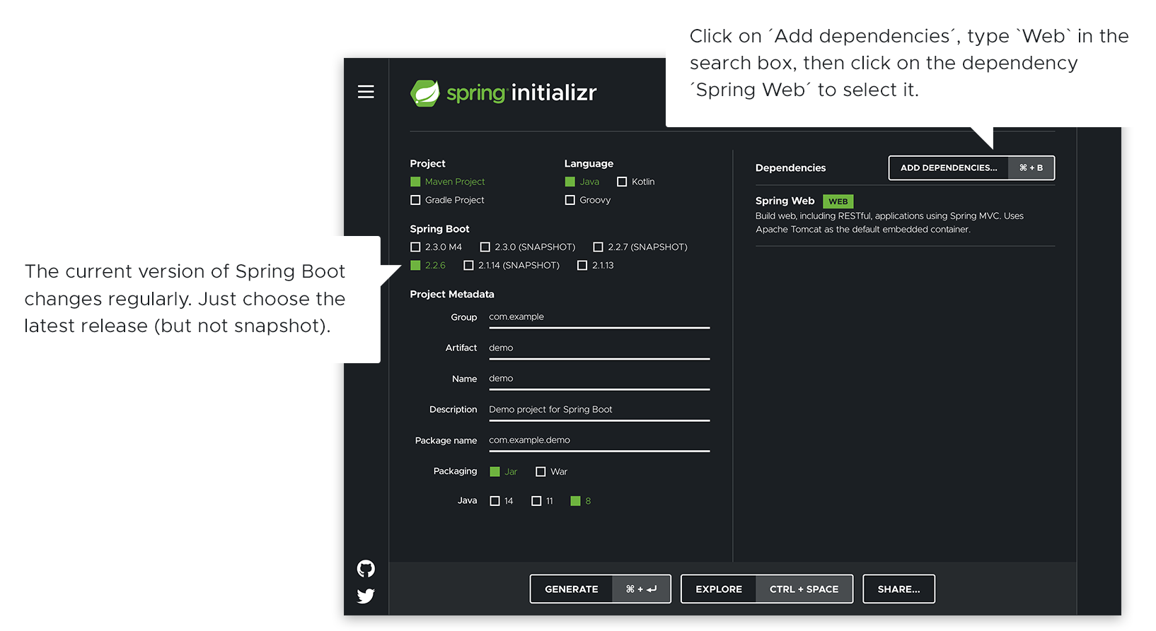 Spring Initializr(start.spring.io)被要求生成一个简单的Spring Boot'Web'项目。 点击“生成”按钮将创建一个项目的存档,您可以将其解压缩并用于入门。 Spring Initializr(start.spring.io)被要求生成一个简单的Spring Boot'Web'项目。 点击“生成”按钮将创建一个项目的存档,您可以将其解压缩并用于入门。